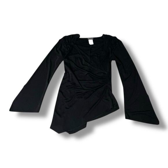 A-list by Wrapper Tops - Vintage Y2K A-List by Wrapper Black Asymmetrical Wrap Blouse Flared Bell Sleeves